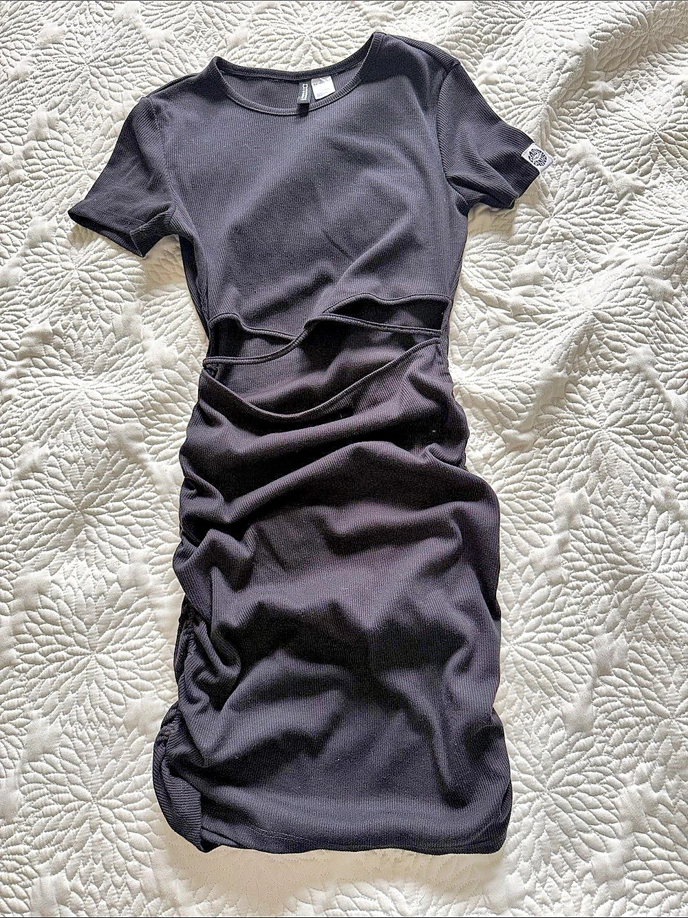 H&M Ruched Ribbed Mini Dress in Black Size XS Like New